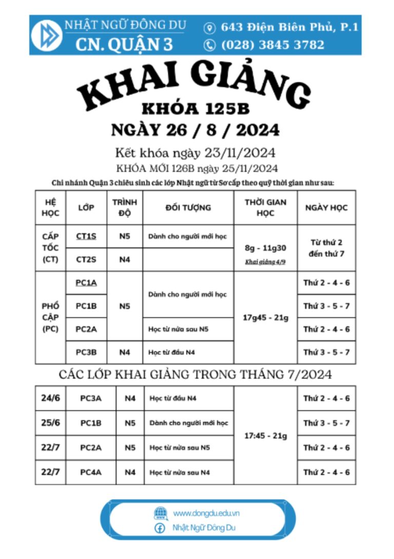 Lịch khai giảng khóa 125b - cn quận 3