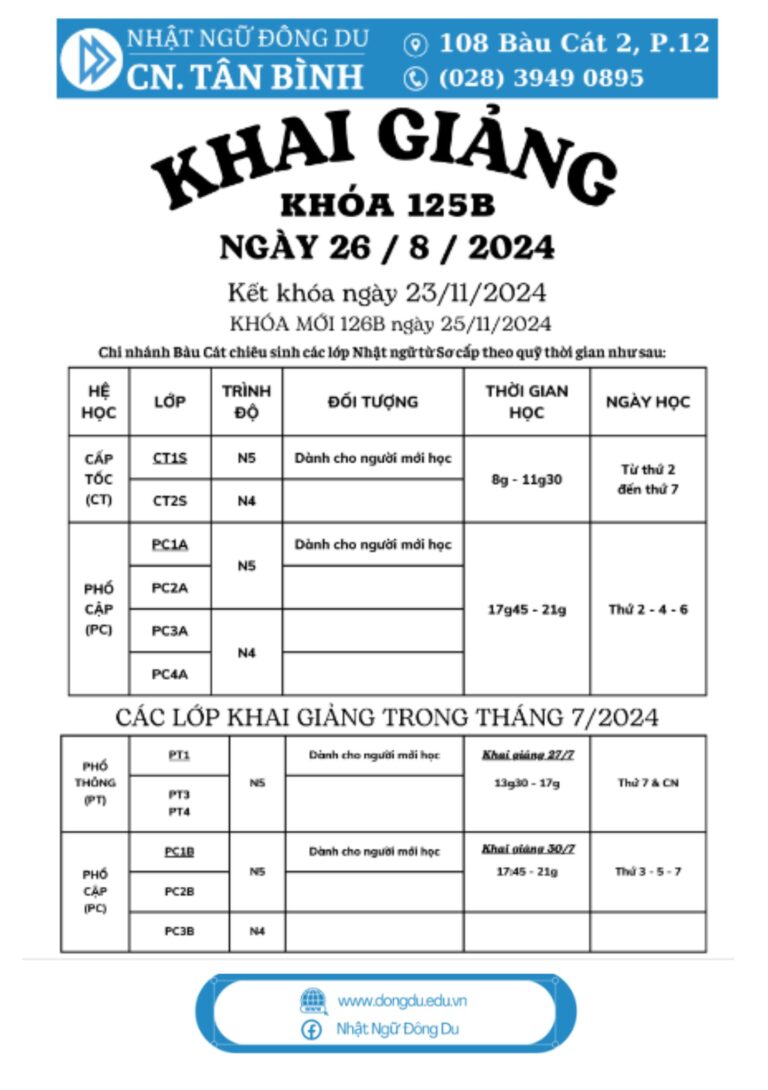 Lịch khai giảng khóa 125b